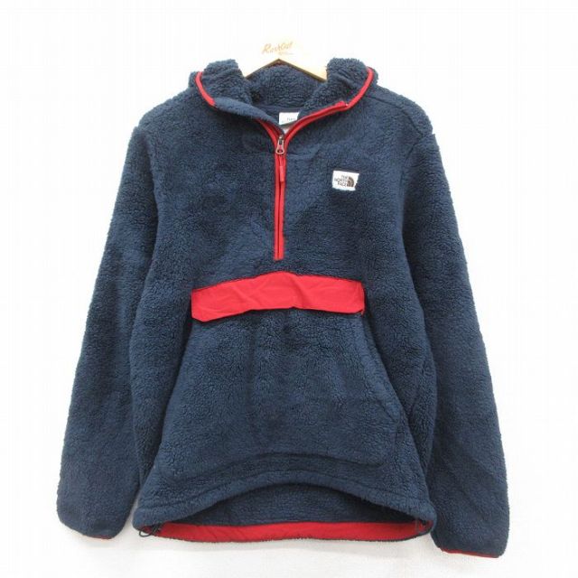 M★古着 ノースフェイス THE NORTH FACE 長袖 ハーフジップ フリース ジャケット パーカー メンズ ワンポイントロゴ ヒジ当て 紺 ネイビー 25oct11 中古 アウター