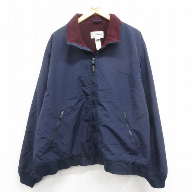 XL★古着 エルエルビーン LLBEAN 長袖 ナイロン ジャケット メンズ 90年代 90s ワンポイントロゴ 紺 ネイビー 内側フリース 25oct15 中古 アウター
