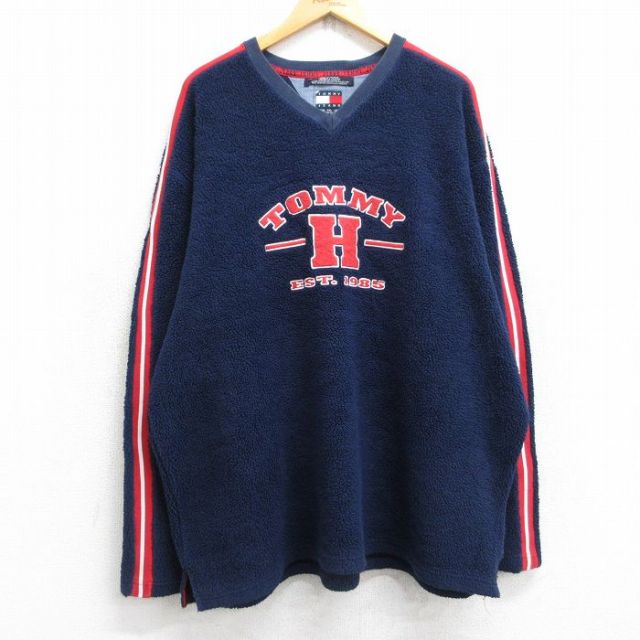 XL★古着 トミーヒルフィガー TOMMY HILFIGER トミージーンズ 長袖 ブランド フリース ジャケット メンズ 90年代 90s ビッグロゴ 大きいサイズ Vネック 紺 ネイビー 25oct18 中古 アウター
