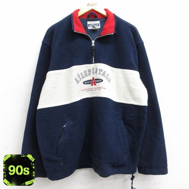 【50%OFF】エアロポステール 90s ハーフジップフリースジャケット ビッグロゴ ネイビー L | 古着