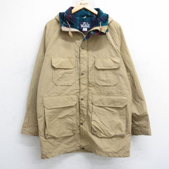 M★古着 ウールリッチ WOOLRICH 長袖 マウンテン ジャケット パーカー メンズ 90年代 90s ラグラン ロング丈 ロクヨンクロス USA製 ベージュ カーキ 内側ウール 25oct21 中古 アウター