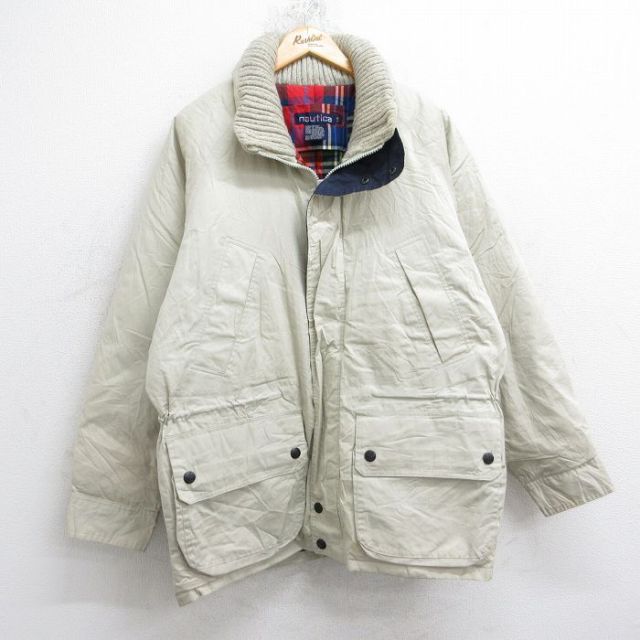 XL★古着 ノーティカ NAUTICA 長袖 ブランド ダウン ジャケット メンズ 90年代 90s ヒジ当てレザー ラグラン ロング丈 コットン 薄ベージュ カーキ 【spe】 25oct21 中古 アウター