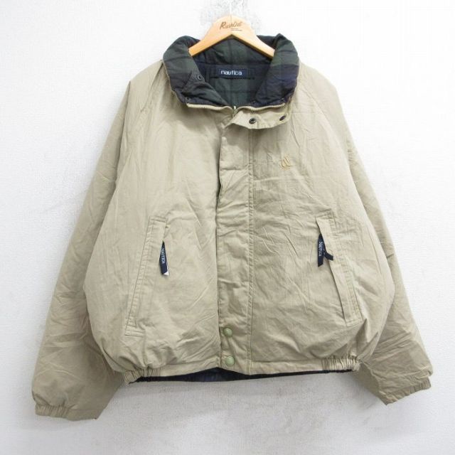XL★古着 ノーティカ NAUTICA 長袖 ブランド ダウン ジャケット メンズ 90年代 90s ワンポイントロゴ リバーシブル ラグラン 大きいサイズ コットン ベージュ カーキ 25oct21 中古 アウター