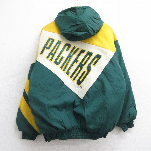 XL★古着 長袖 ナイロン ジャケット パーカー メンズ 90年代 90s NFL グリーンベイパッカーズ 緑他 グリーン アメフト スーパーボウル 内側キルティング 25oct28 中古 アウター