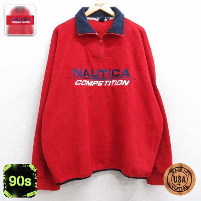 ノーティカ 90s ハーフジップフリースジャケット ビッグロゴ レッド XL | 古着