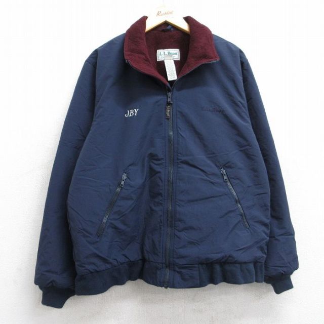 L★古着 エルエルビーン LLBEAN 長袖 ナイロン ウォームアップ ジャケット メンズ 80年代 80s ワンポイントロゴ 紺 ネイビー 内側フリース 25nov01 中古 アウター