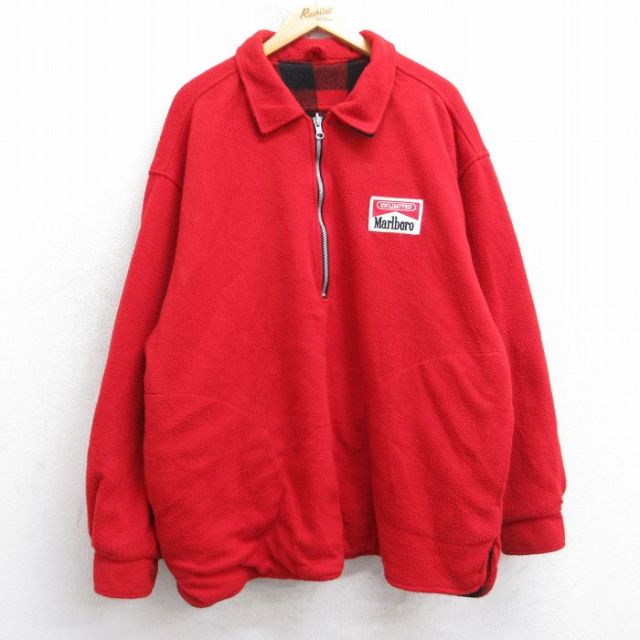 XL★古着 マルボロ 長袖 ハーフジップ フリース ジャケット メンズ 90年代 90s リバーシブル 襟付き 赤 25nov13