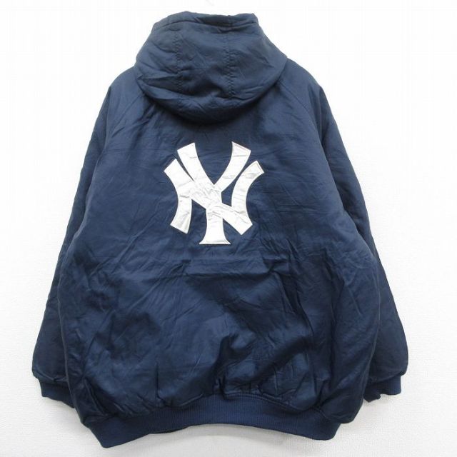 XL★古着 長袖 ナイロン ジャケット パーカー メンズ 00年代 00s MLB ニューヨークヤンキース ラグラン 大きいサイズ ロング丈 紺 メジャーリーグ ベースボール 野球【spe】 25nov14