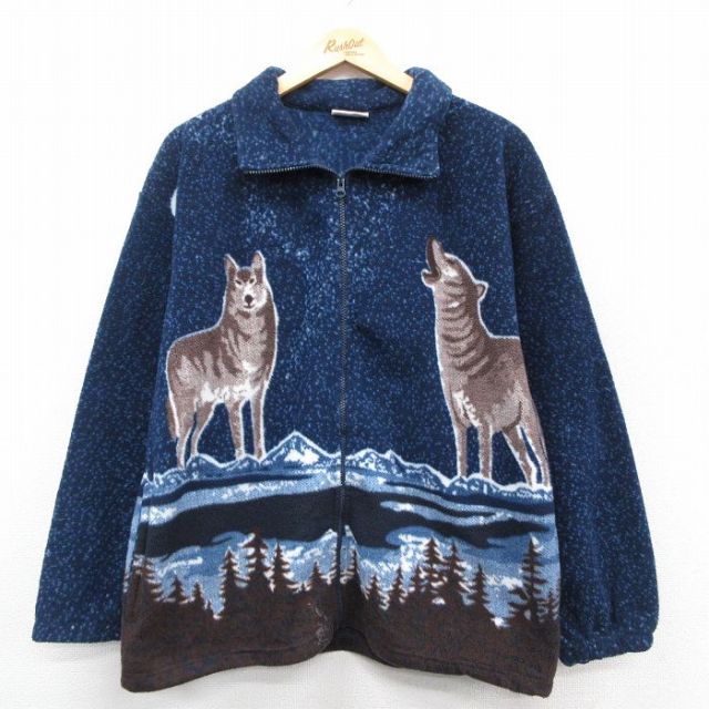 【20%OFF】M★古着 長袖 フリース ジャケット メンズ 90年代 90s オオカミ 紺他【spe】 25nov14