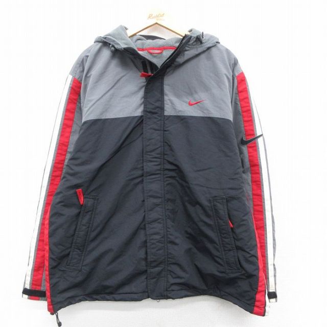 XL★古着 ナイキ NIKE 長袖 ナイロン ジャケット パーカー メンズ 00年代 00s ワンポイントロゴ 大きいサイズ グレー他 内側フリース【spe】 25nov14