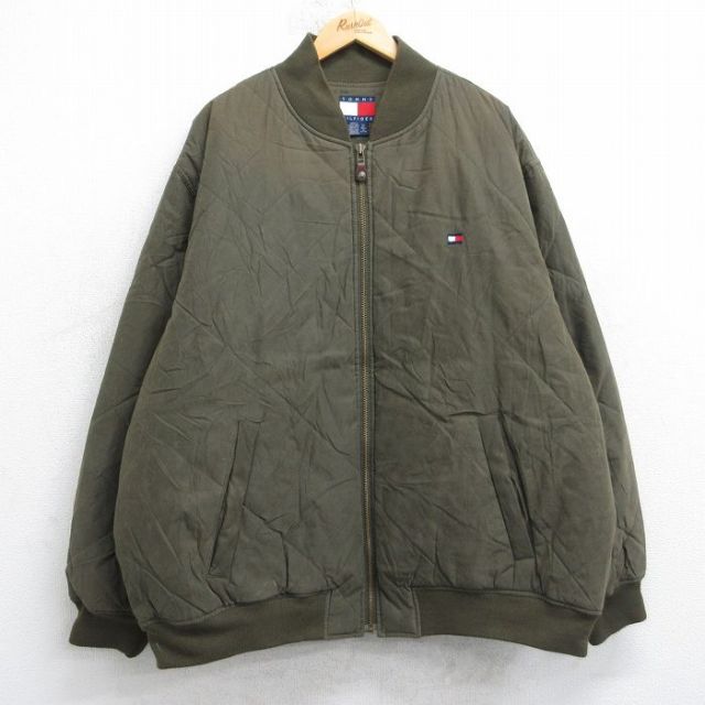 XL★古着 トミーヒルフィガー 長袖 ブランド キルティング ジャケット メンズ 90年代 90s ワンポイントロゴ 大きいサイズ 濃緑【spe】 25nov15