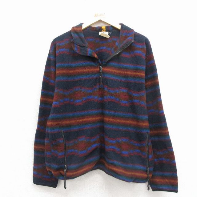 【20%OFF】L★古着 アールイーアイ REI 長袖 ハーフジップ フリース ジャケット メンズ 90年代 90s ネイティブ柄 ラグ柄 濃紺他 ボーダー【spe】 25nov19