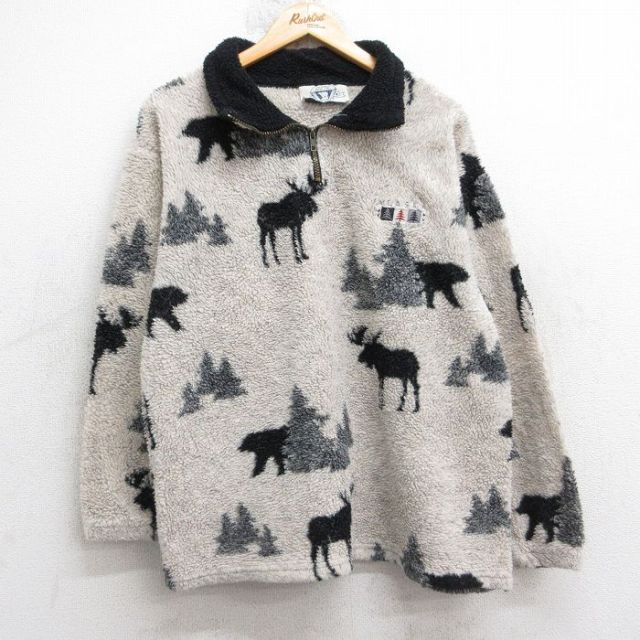 M★古着 長袖 ハーフジップ フリース ジャケット メンズ 90年代 90s アラスカ シカ 総柄 USA製 薄ベージュ他 25nov20