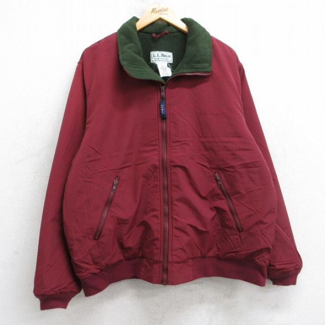 XL★古着 エルエルビーン 長袖 ナイロン ウォームアップ ジャケット メンズ 80年代 80s ワンポイントロゴ エンジ 内側フリース【spe】 25nov20
