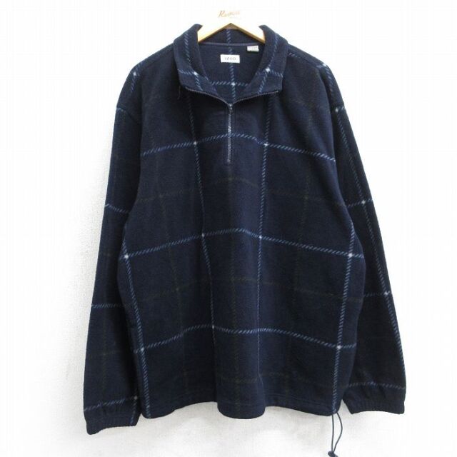 【20%OFF】XL★古着 IZOD 長袖 ハーフジップ フリース ジャケット メンズ ワンポイントロゴ 大きいサイズ 紺 チェック 25nov21