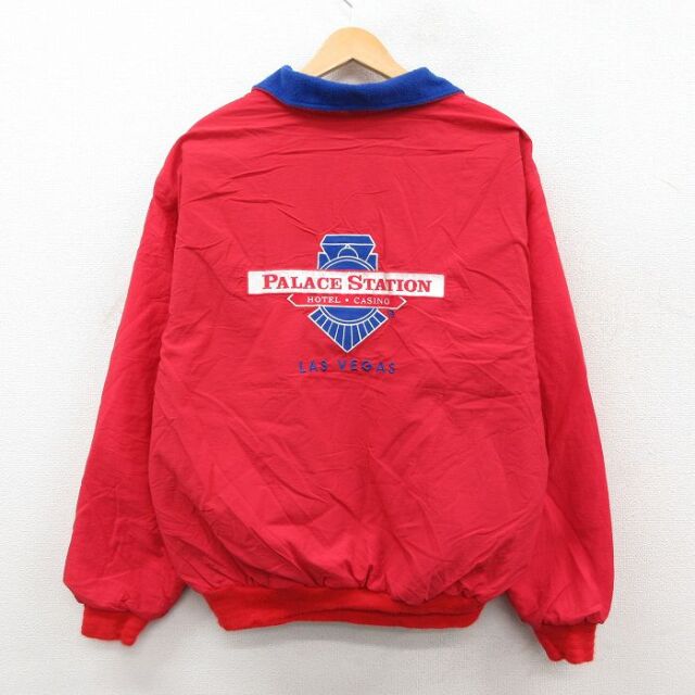 【50%OFF】XL★古着 長袖 ナイロン ジャケット メンズ 90年代 90s PALACE STATION 刺繍 大きいサイズ USA製 赤 内側フリース 25nov21