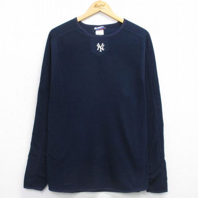 L★古着 マジェスティック 長袖 フリース トップス メンズ 00年代 00s MLB ニューヨークヤンキース ラグラン クルーネック 紺 メジャーリーグ ベースボール 野球 25nov26