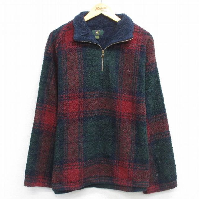 【50%OFF】ハーフジップフリースジャケット チェック レッド XL | 古着