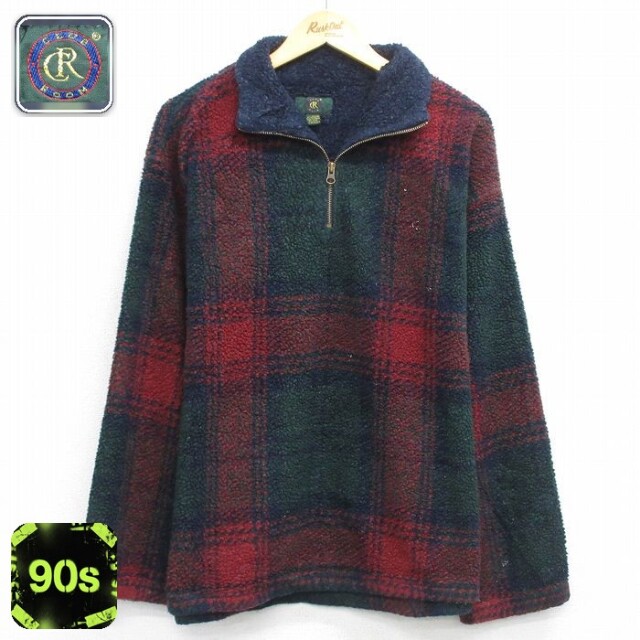 ハーフジップフリースジャケット チェック レッド XL | 古着