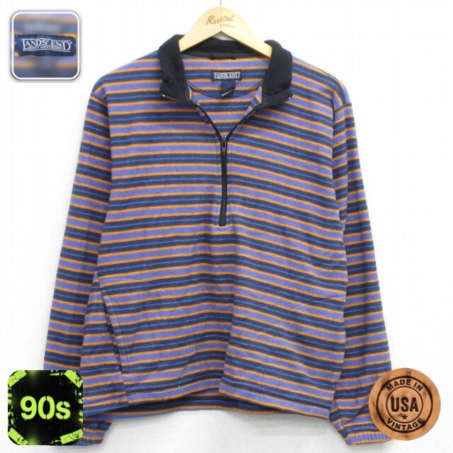 【50%OFF】ランズエンド 90s ハーフジップフリースジャケット ボーダー ネイビー S | 古着