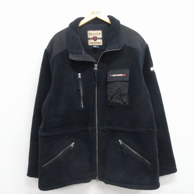 XL★古着 トミーヒルフィガー 長袖 ブランド フリース ジャケット メンズ ワンポイントロゴ 黒 25dec01