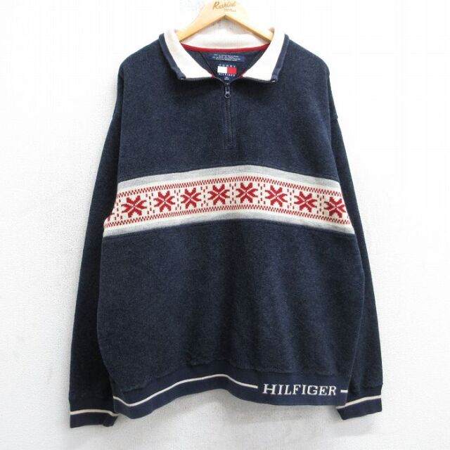 L★古着 トミーヒルフィガー 長袖 ブランド ハーフジップ フリース ジャケット メンズ 90年代 90s 雪柄 紺他 25dec05