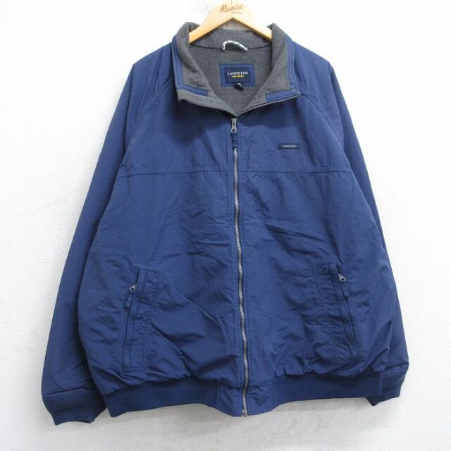 XL★古着 ランズエンド 長袖 ナイロン ジャケット メンズ ラグラン 大きいサイズ 紺 内側フリース 25dec05