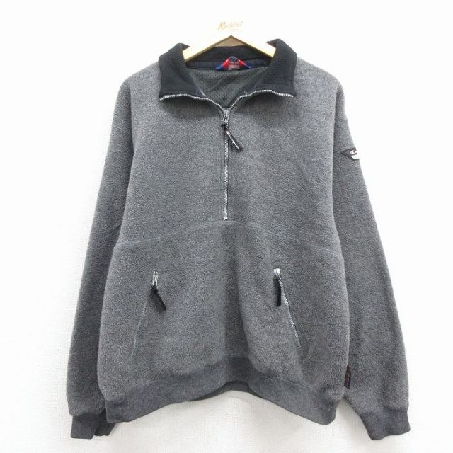 L★古着 チャンピオン champion 長袖 ハーフジップ フリース ジャケット メンズ ワンポイントロゴ グレー 霜降り 25dec08