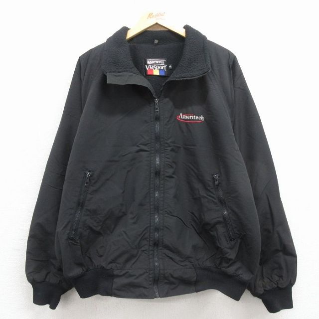 XL★古着 長袖 ナイロン ジャケット メンズ 90年代 90s Ameritech ラグラン 黒 内側フリース 25dec08