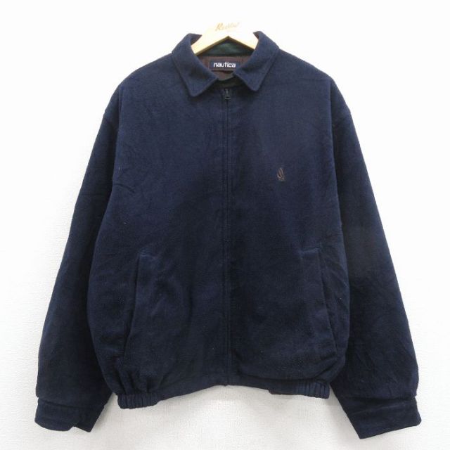 XL★古着 ノーティカ 長袖 ブランド フリース ジャケット メンズ 90年代 90s ワンポイントロゴ リバーシブル 紺 25dec10