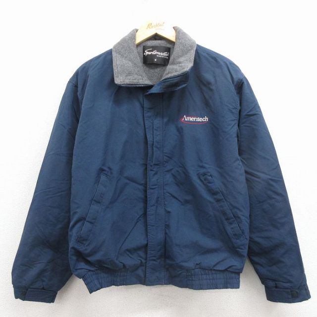 M★古着 長袖 ナイロン ジャケット メンズ 90年代 90s Ameritech USA製 紺 内側フリース 25dec10