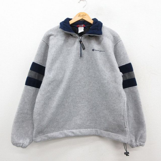 M★古着 チャンピオン champion 長袖 ハーフジップ フリース ジャケット メンズ 00年代 00s ワンポイントロゴ グレー他 25dec11
