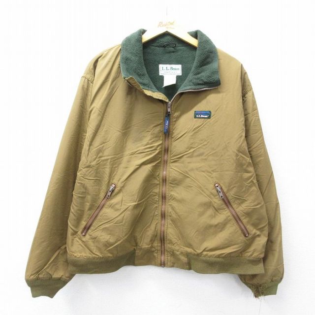 XL★古着 エルエルビーン 長袖 ナイロン ウォームアップ ジャケット メンズ 80年代 80s ワンポイントロゴ ベージュ 内側フリース 25dec16