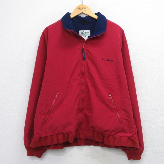 XL★古着 エルエルビーン 長袖 ナイロン ジャケット メンズ 90年代 90s ワンポイントロゴ エンジ系 内側フリース 25dec16