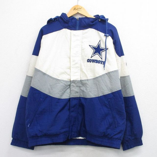 XL★古着 長袖 ナイロン ジャケット パーカー メンズ 90年代 90s NFL ダラスカウボーイズ マルチカラー 紺他 内側キルティング アメフト スーパーボウル【spe】 25dec16