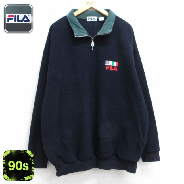 【50%OFF】フィラ 90s ハーフジップフリースジャケット ワンポイントロゴ ネイビー XL | 古着