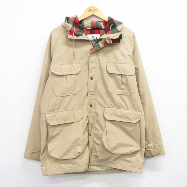 L★古着 ウールリッチ 長袖 マウンテン ジャケット パーカー メンズ 80年代 80s ロクヨンクロス ラグラン ロング丈 USA製 ベージュ 内側ウール 25dec22