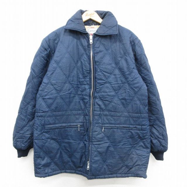 XL★古着 長袖 ナイロン キルティング ジャケット メンズ 80年代 80s ロング丈 タロン 濃紺 内側ボア 26jan19