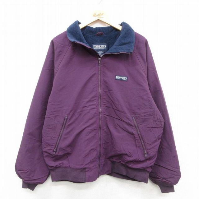 XL★古着 ランズエンド 長袖 ナイロン ジャケット メンズ 90年代 90s ワンポイントロゴ ラグラン USA製 紫 内側フリース 26jan19