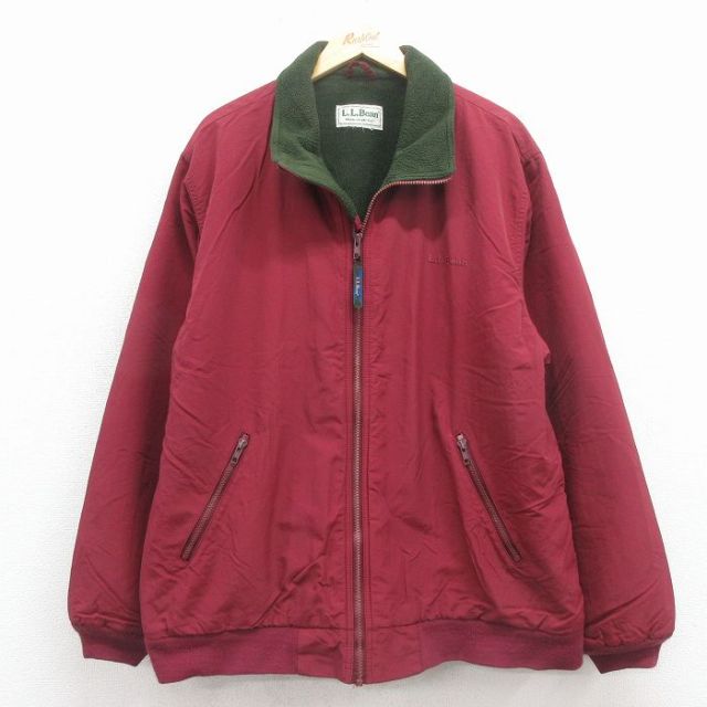 XL★古着 エルエルビーン 長袖 ウォームアップ ジャケット メンズ 90年代 90s ワンポイントロゴ 大きいサイズ エンジ 内側フリース【spe】 26jan22
