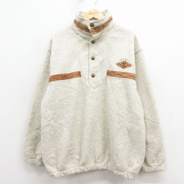 L★古着 長袖 フリース ジャケット メンズ 90年代 90s ネイティブ柄 ラグ柄 カナダ製 薄グレー 霜降り 26jan22