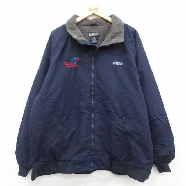 XL★古着 ランズエンド 長袖 ナイロン ジャケット メンズ 90年代 90s Initial ラグラン 大きいサイズ 紺 内側フリース 26jan26