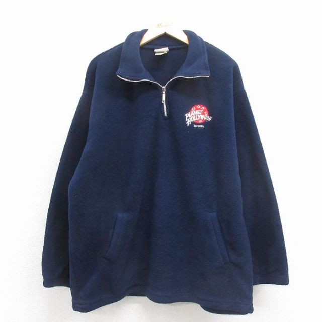XL★古着 長袖 ハーフジップ フリース ジャケット メンズ 90年代 90s プラネットハリウッド ロング丈 USA製 紺 26jan29