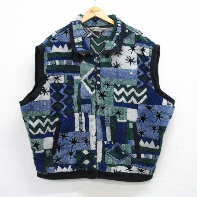 XL★古着 EMS フリース ベスト メンズ 90年代 90s 総柄 大きいサイズ USA製 薄紺他【spe】 26mar12