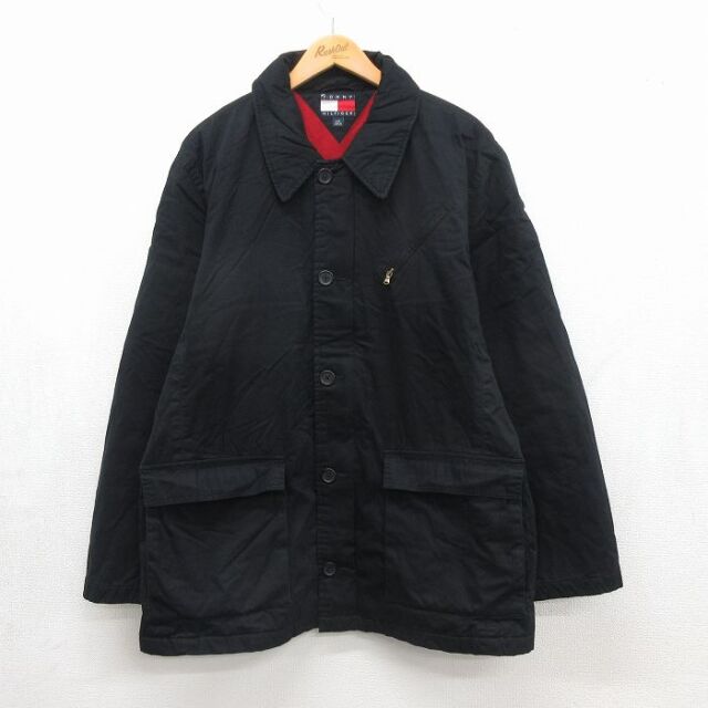 L★古着 トミーヒルフィガー 長袖 ブランド ジャケット メンズ 90年代 90s ロング丈 コットン ブラック 内側ボア【spe】 26aug12