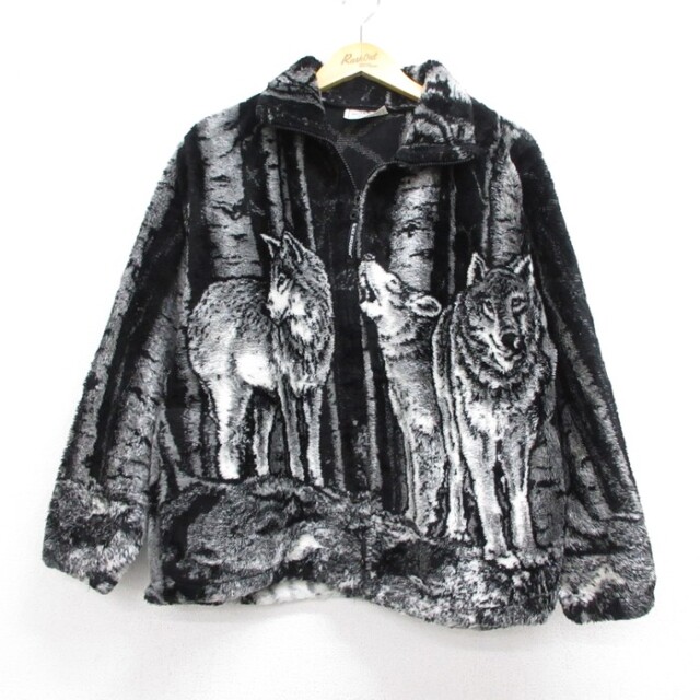 M★古着 ブラックマウンテン BLACK MOUNTAIN 長袖 ジャケット フルジップ メンズ 90年代 90s オオカミ ボア フリース ポリエステル 総柄 USA製 ブラック【spe】 26aug21