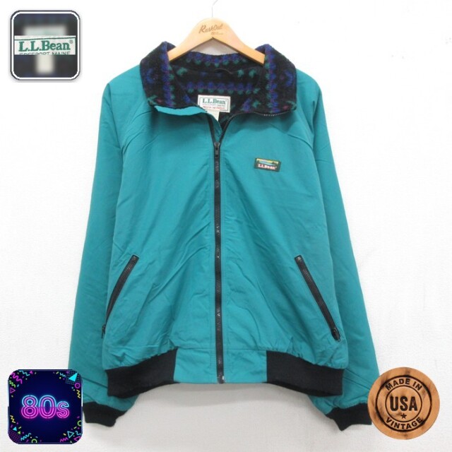 XL★古着 L.L.Bean エルエルビーン 長袖 ジャケット フルジップ ナイロン メンズ 80年代 80s 雪柄 USA製 グリーン【spe】 26sep07
