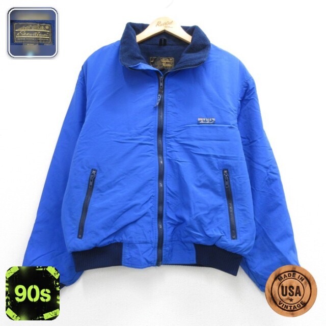 M★古着 Eddie Bauer エディーバウアー 長袖 ジャケット ナイロン メンズ 90年代 90s USA製 ブルー 内側フリース【spe】 26sep09