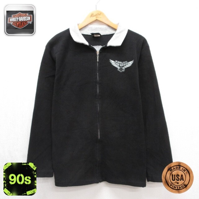 HARLEY-DAVIDSON 長袖 ジャケット フルジップ 90s フリース 刺繍ロゴ ポリエステル USA製 ブラック メンズS相当 | 古着