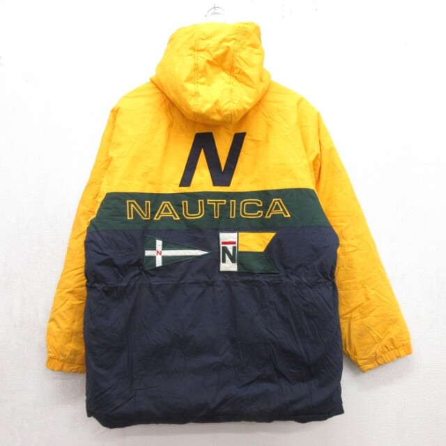 M★古着 ノーティカ NAUTICA 長袖 ブランド ジャケット パーカー メンズ 90年代 90s リバーシブル ダック ダウン コットン イエロー チェック【spe】 26sep17